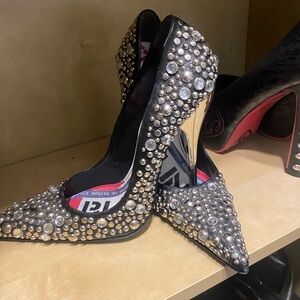 Versace Chaos Couture black leather silver studded heels